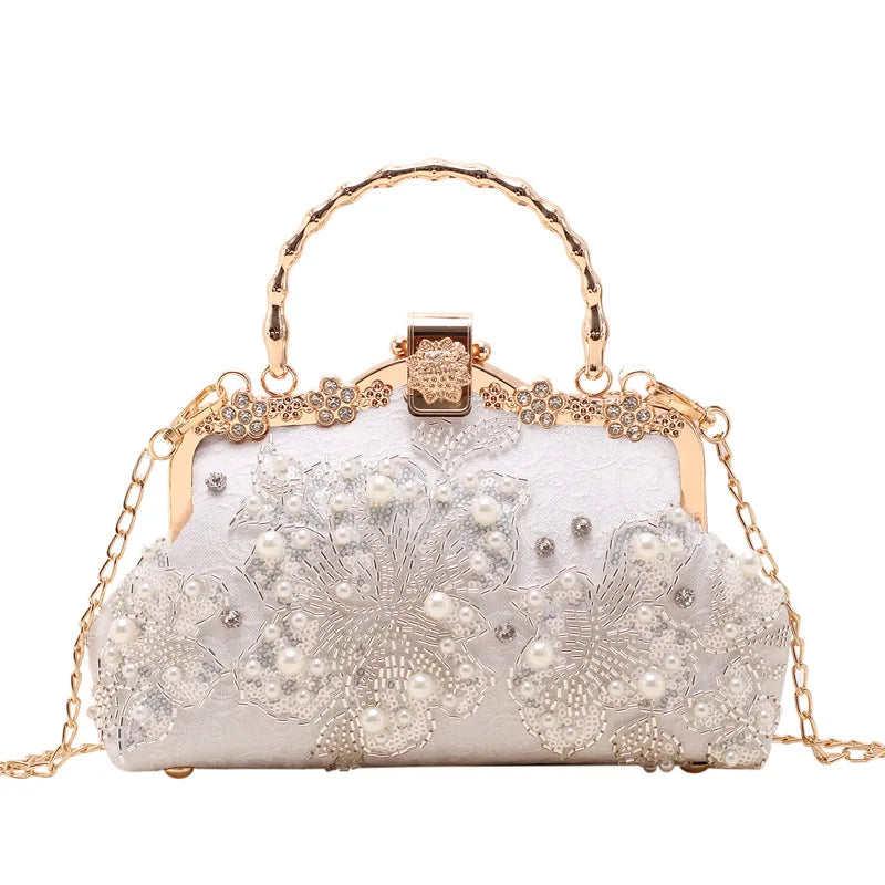 Elegant White Pearl Lace Evening Clutch Bag | Luxury Bridal Purse with Gold Handle