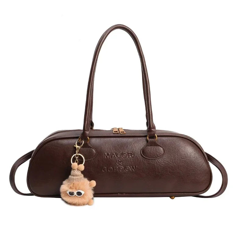 Chic Brown Barrel Shoulder Bag with Cute Fuzzy Charm | Aesthetic Tote Purse