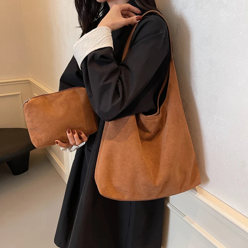 Vintage Brown Suede Casual Tote & Large Capacity Shoulder Bag