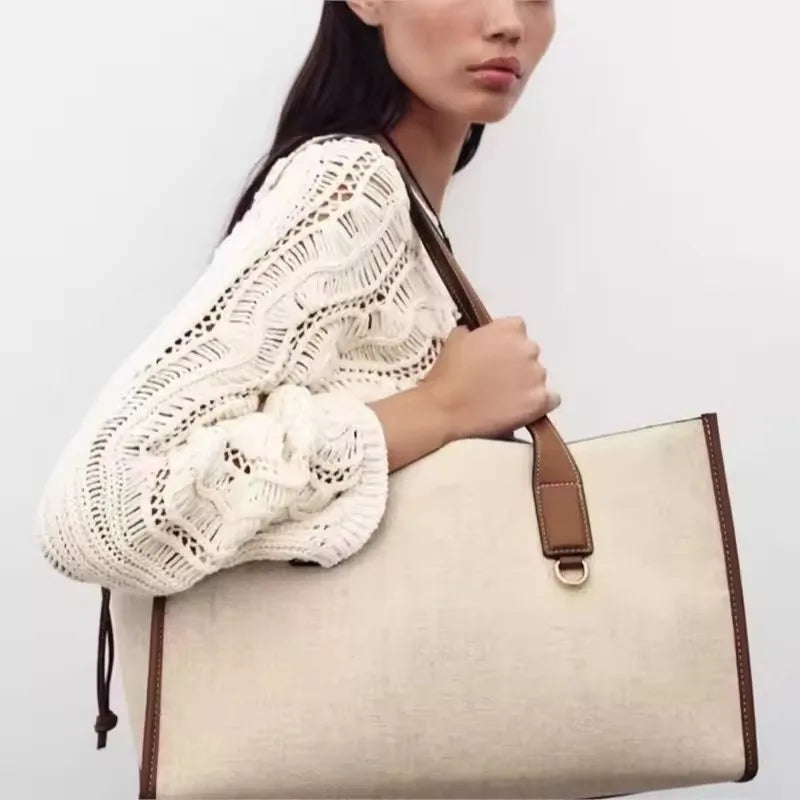 Chic Canvas Tote Bag with Brown PU Leather Trim & Drawstring Closure