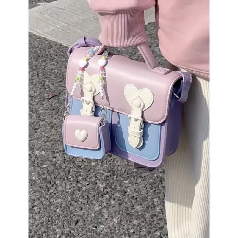 Aesthetic Preppy Style Mini Messenger Bag with Matching Mini Pouch Charm