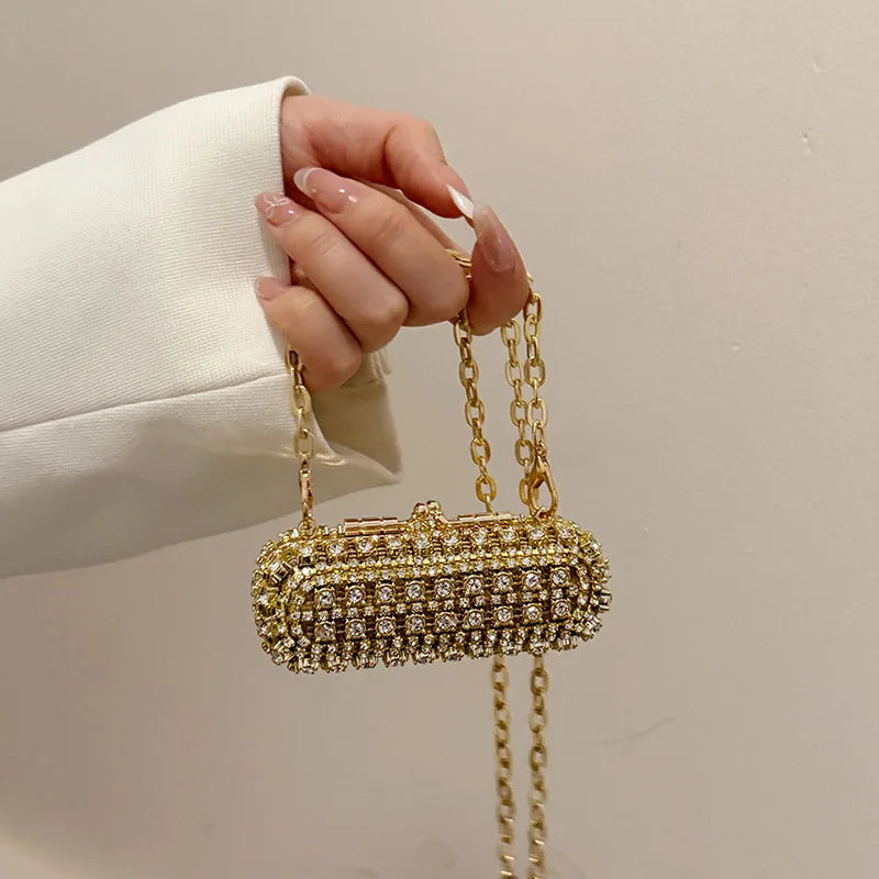 Sparkling Crystal Embellished Mini Cylinder Clutch | Party Wear Gold Handbag with Chain