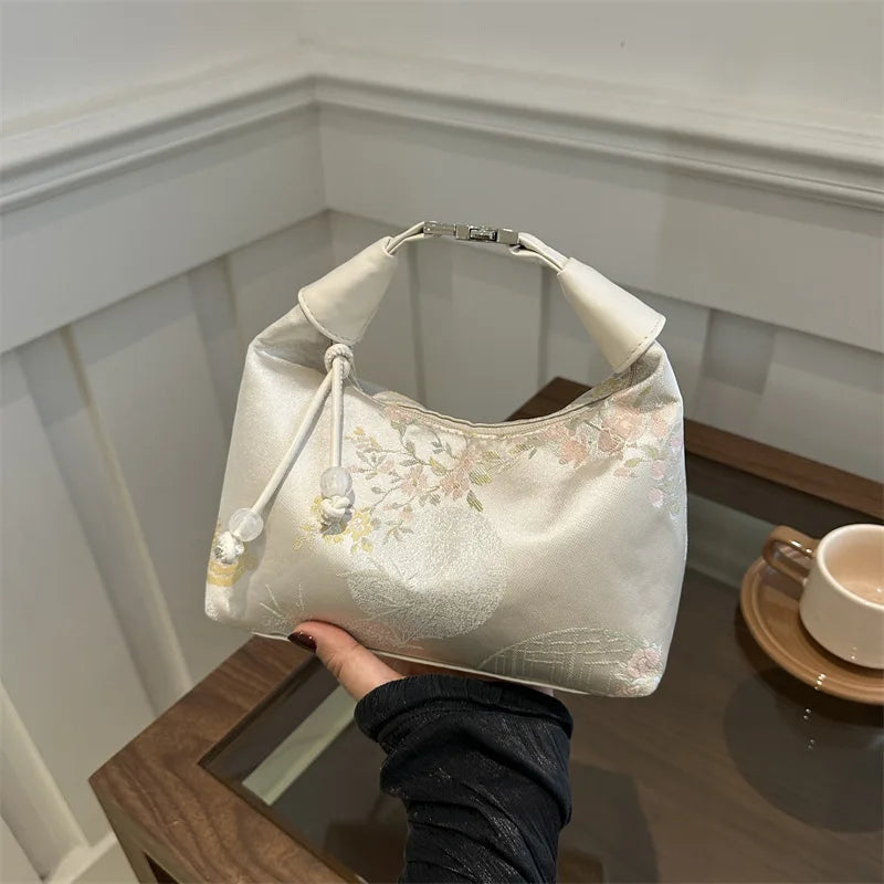 Vintage Aesthetic Brocade Slouchy Shoulder Bag - Cute Soft Pink Hobo Handbag with Beaded Charm