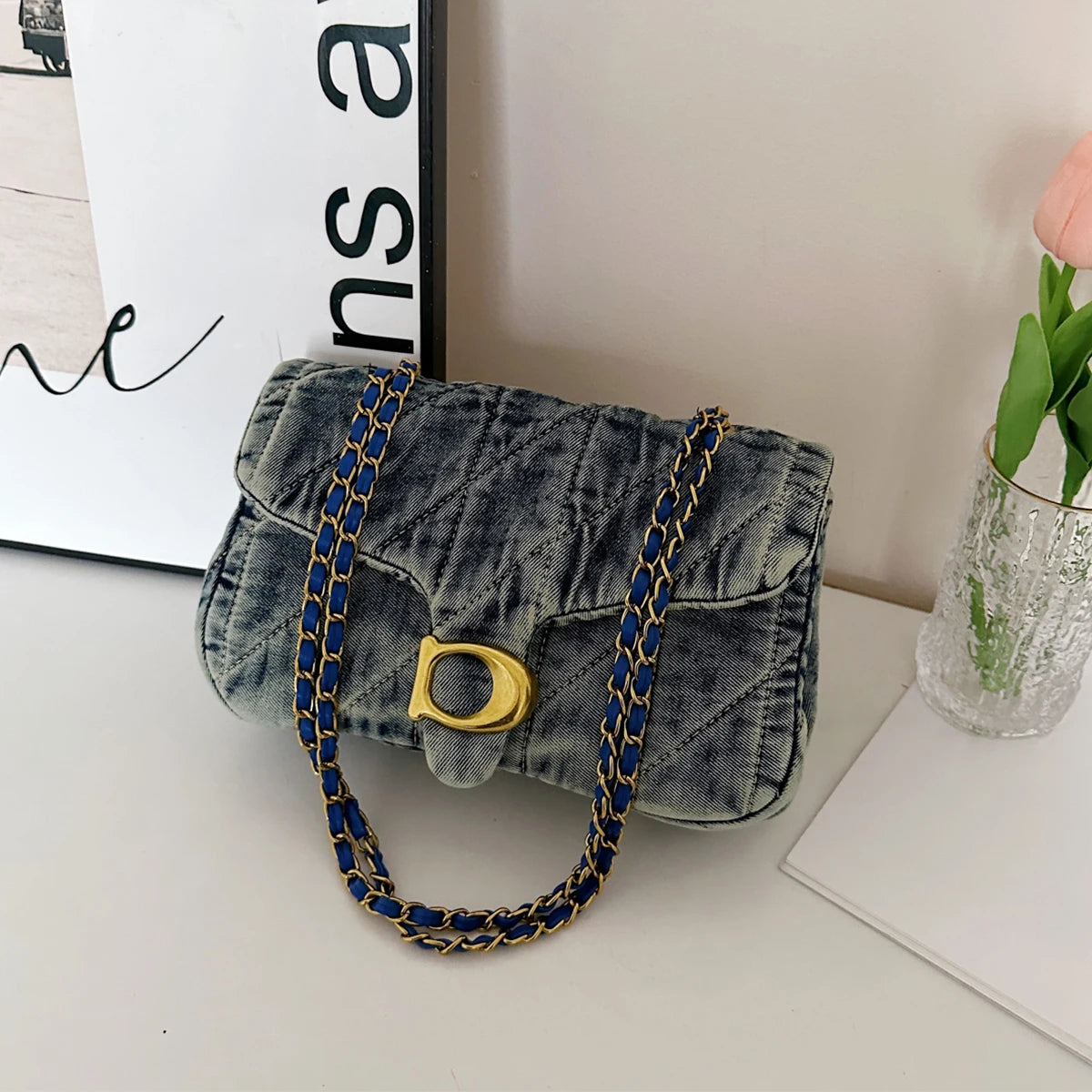 Vintage Quilted Denim Chain Handbag