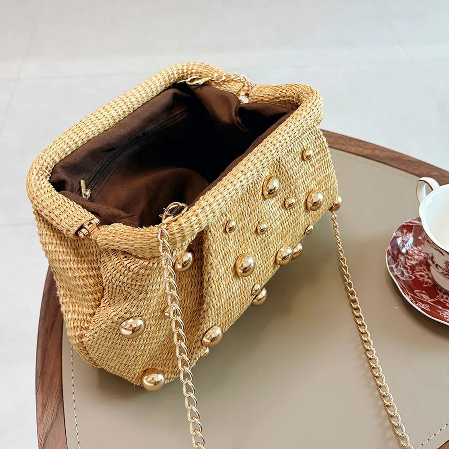 Chic Gold-Studded Woven Straw Clutch & Evening Pouch Bag