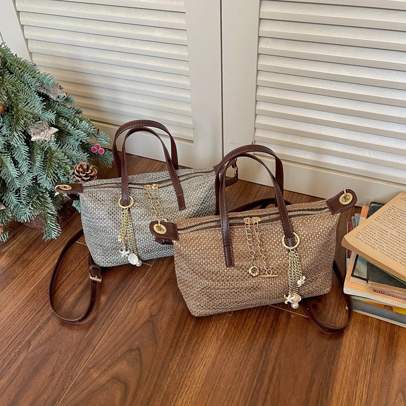 Woven Straw Tote Bag with Brown PU Leather Trim & Gold Chain Charms
