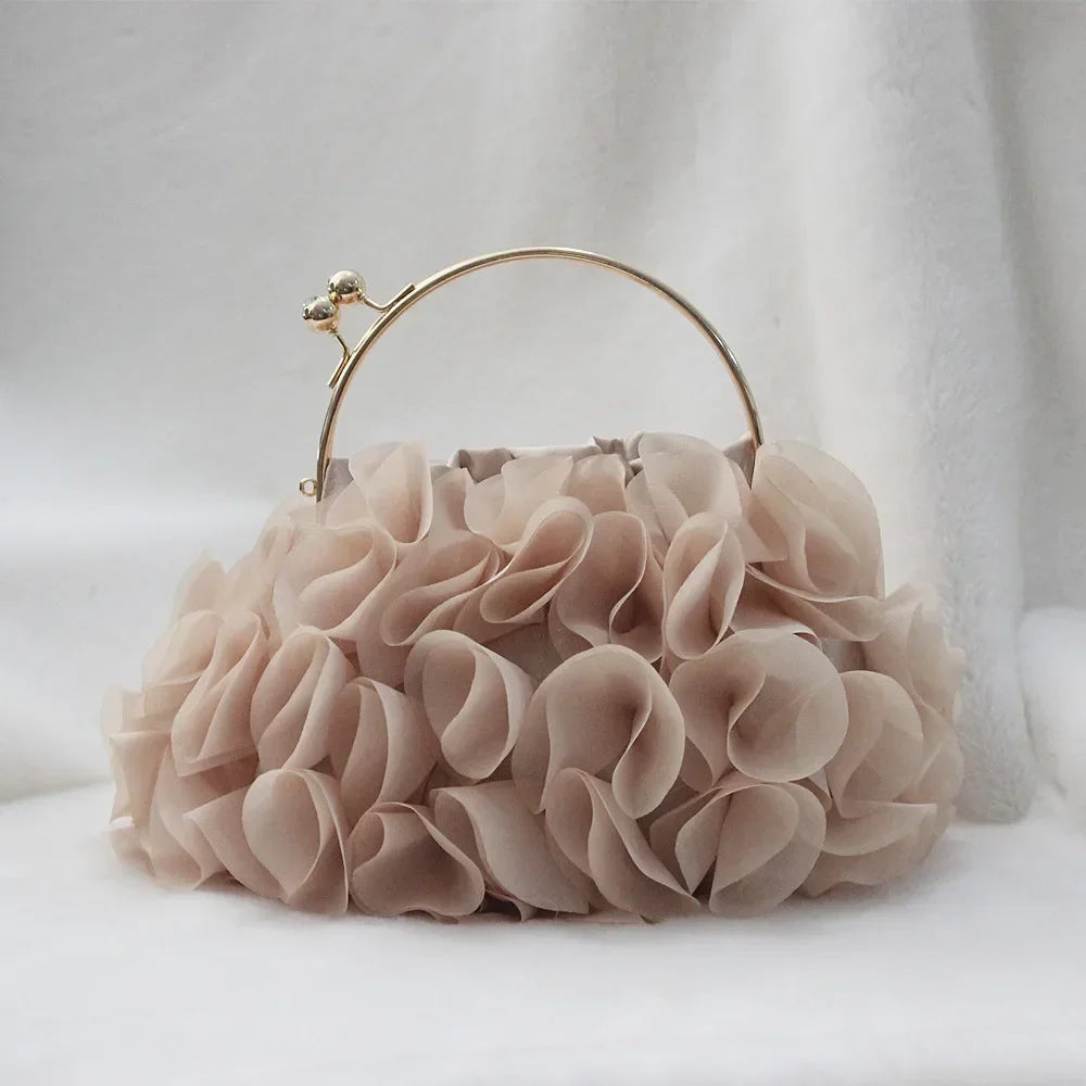 Elegant Floral Ruffle Organza Clutch & Handbag with Gold Metal Kiss-Lock Handle