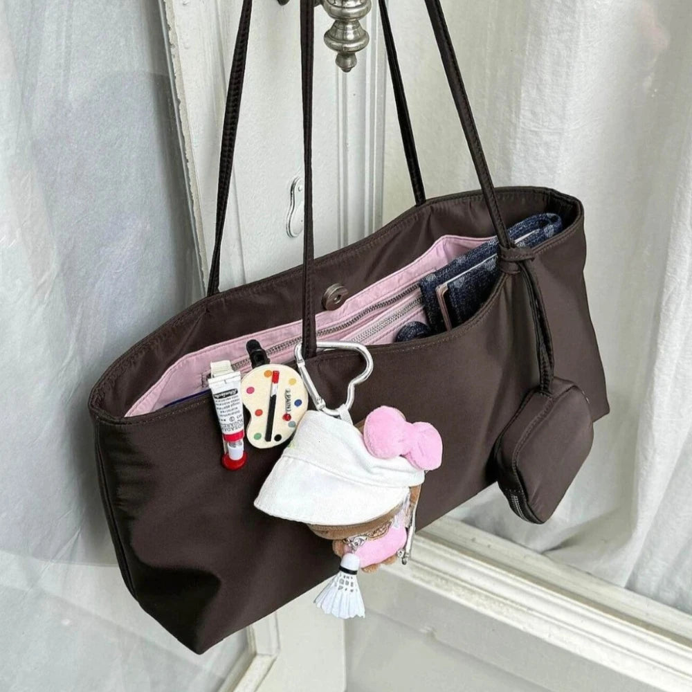 Aura Bags Aesthetic Brown Nylon Tote Bag with Compartments & Keychain Accessories