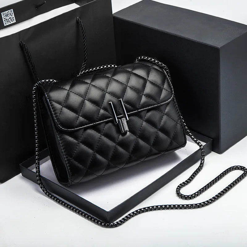 Luxurious Designer-Inspired Quilted Black PU Leather Shoulder Bag Featuring Sleek Gunmetal Chain Strap and Modern Metallic Lock Closure for Women