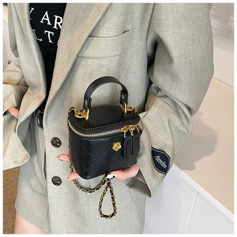 Cute Quilted Mini Vanity Box Bag with Gold Chain & Flower Detail