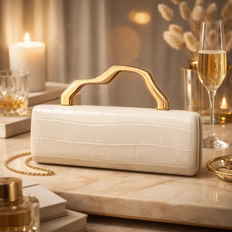 Luxurious Crocodile Texture Evening Clutch Bag for Women | Elegant Gold Metal Handle Party Purse & Crossbody