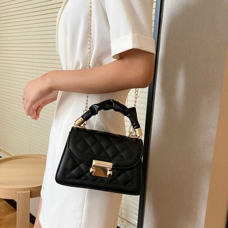 Aura Bags Pastel Lilac Quilted Mini Flap Bag with Scrunchie Handle and Gold Chain