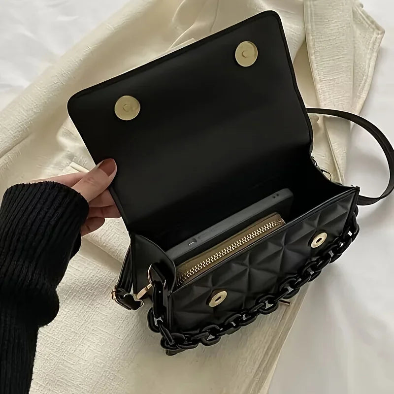 Metallic Silver Quilted Crossbody Bag with Chain Detail