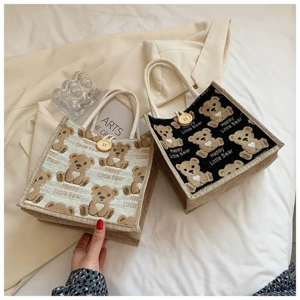 Adorable "Happy Little Bear" Print Jute and Canvas Tote Bag Featuring Soft Rope Handles and Cute Wooden Button Closure for Women and Girls