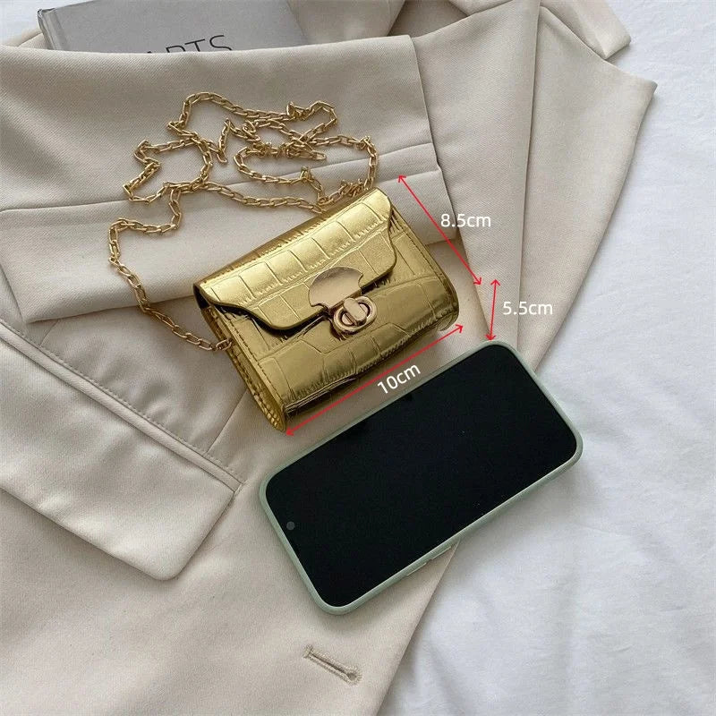 Metallic Silver Crocodile Texture Mini Crossbody Bag – Chic Chain Strap Micro Purse