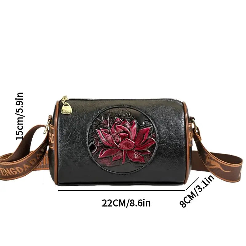 Vintage Embossed Lotus Flower Barrel Bag – Chic Wide-Strap Crossbody & Shoulder Bag for Women