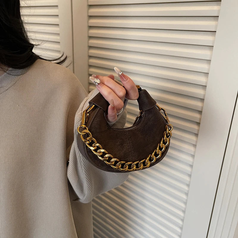 Mini Crescent Dumpling Bag with Chunky Gold Chain Handle