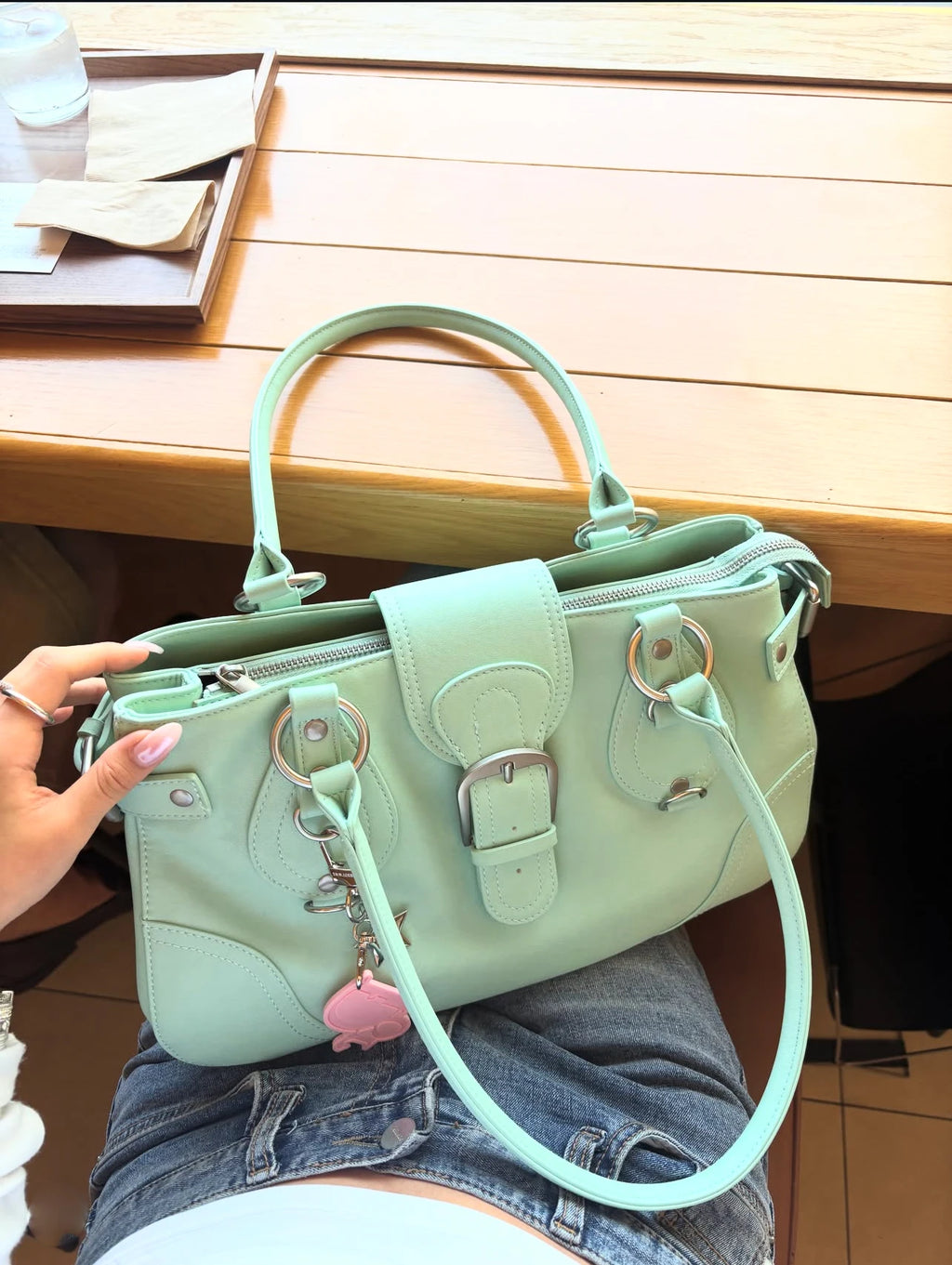 Pastel Mint Green Retro Shoulder Purse – Y2K Aesthetic Handbag for Women
