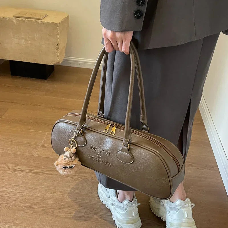Chic Brown Barrel Shoulder Bag with Cute Fuzzy Charm | Aesthetic Tote Purse