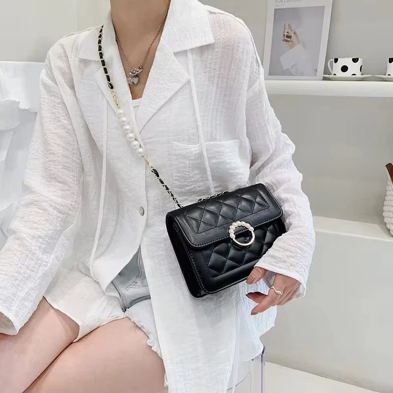 Elegant Quilted Leather Shoulder Bag with Pearl Accent & Chain Strap - Chic Party Crossbody Handbag