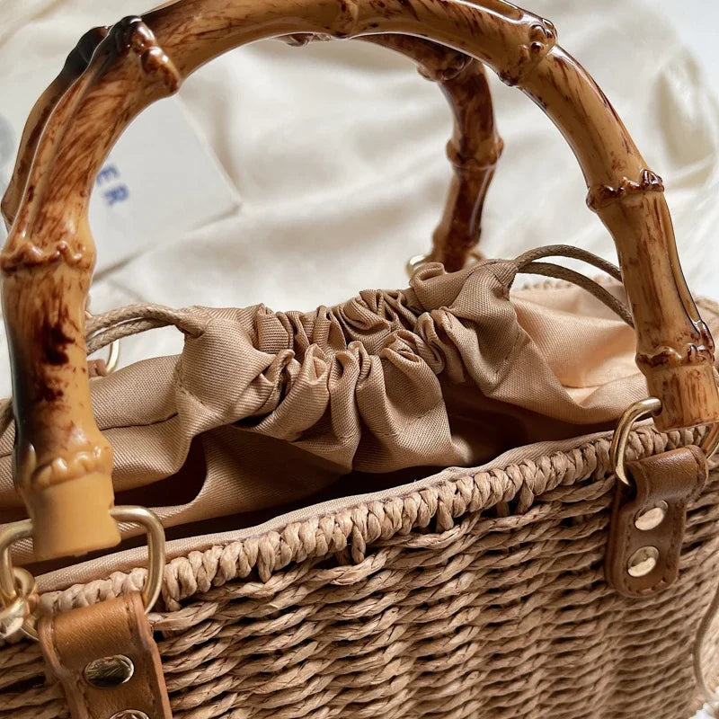 Boho Chic Bamboo Handle Straw Woven Crossbody & Top-Handle Bag