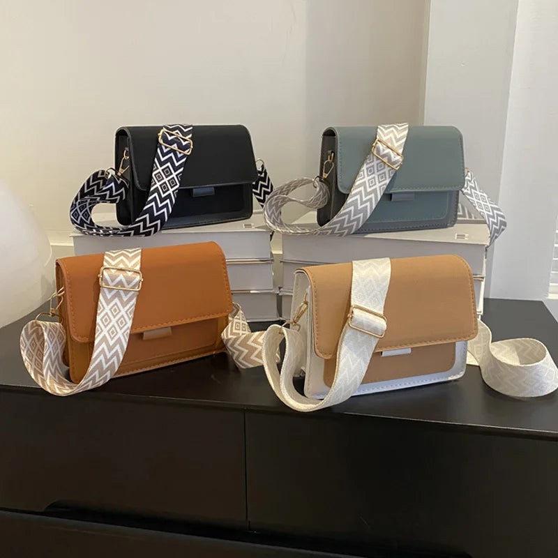 Modern Light Blue & Grey Flap Crossbody Bag with Wide Patterned Guitar Strap
