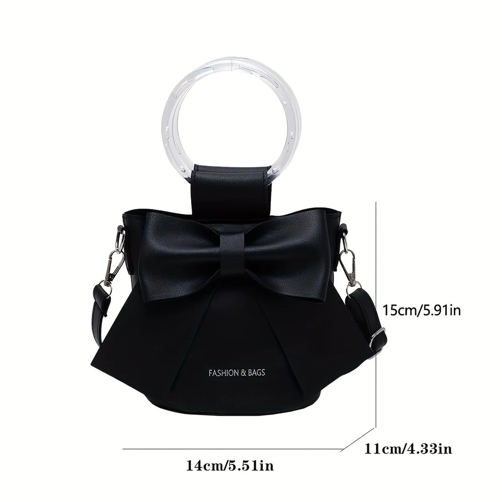 Chic Black Bow Bucket Bag with Clear Ring Handle | Coquette Aesthetic Purse