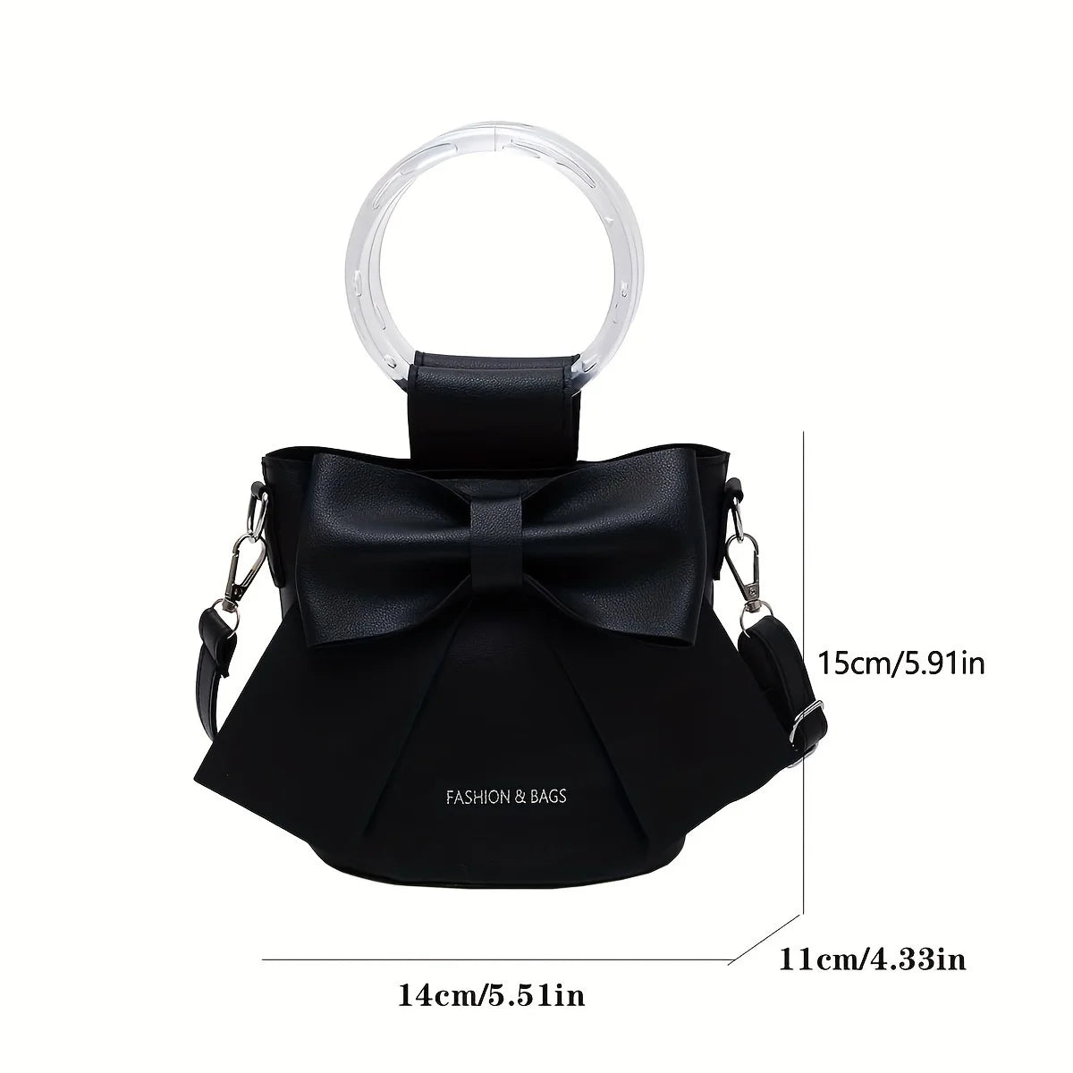 Chic Black Bow Bucket Bag with Clear Ring Handle | Coquette Aesthetic Purse