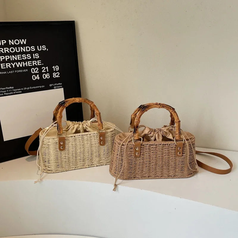 Boho Chic Bamboo Handle Straw Woven Crossbody & Top-Handle Bag