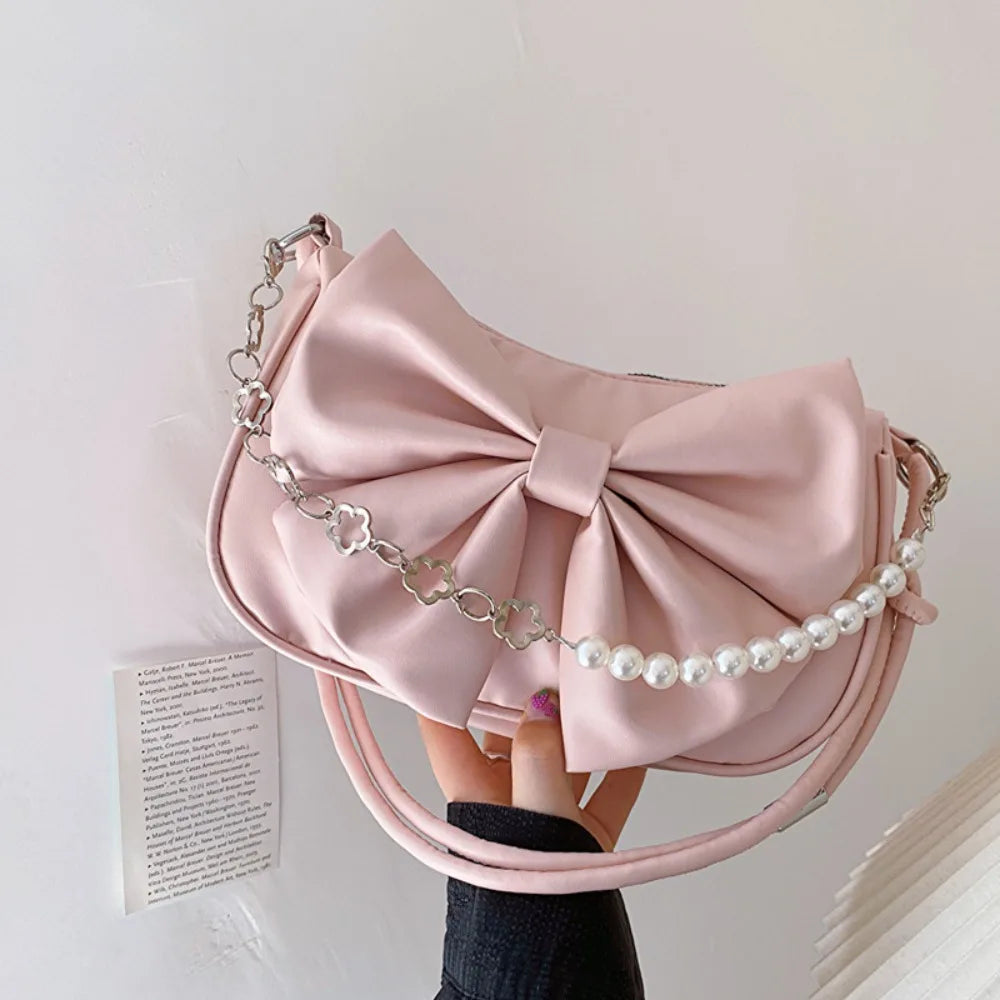 Coquette Bow-Knot Shoulder Bag with Pearl & Chain Detail