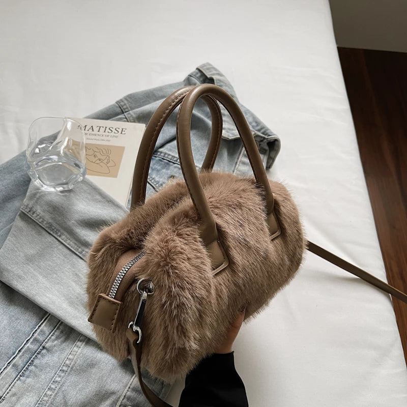 Aura Bags Fluffy Faux Fur Mini Handbag & Crossbody Bag with Top Handles