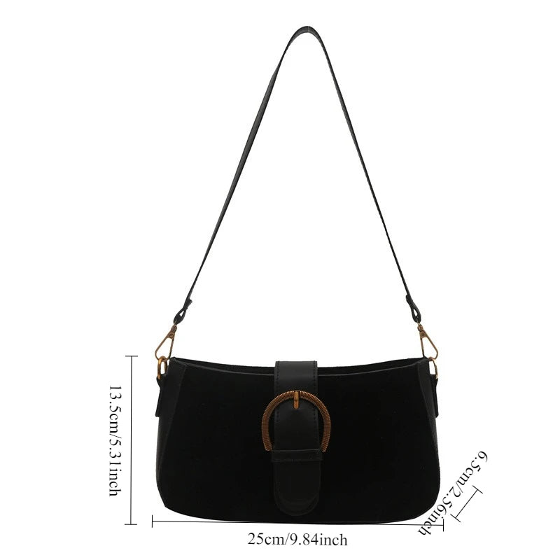 Elegant Suede Leather Shoulder Bag with Buckle Detail – Chic Underarm Handbag for Women