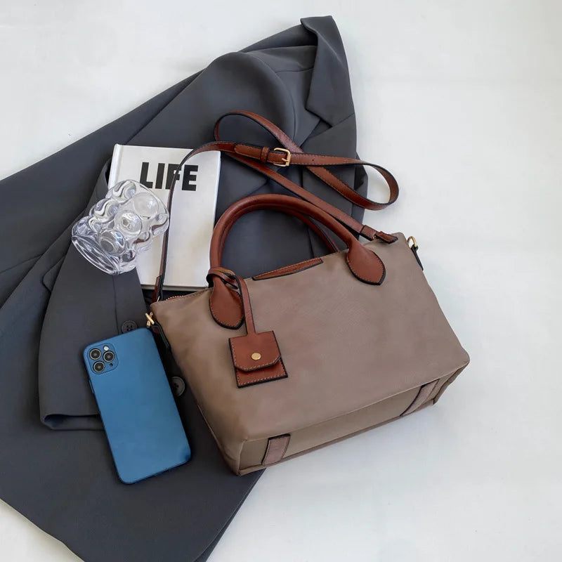 Women’s Waterproof Nylon Handbag with PU Leather Trim & Adjustable Crossbody Strap