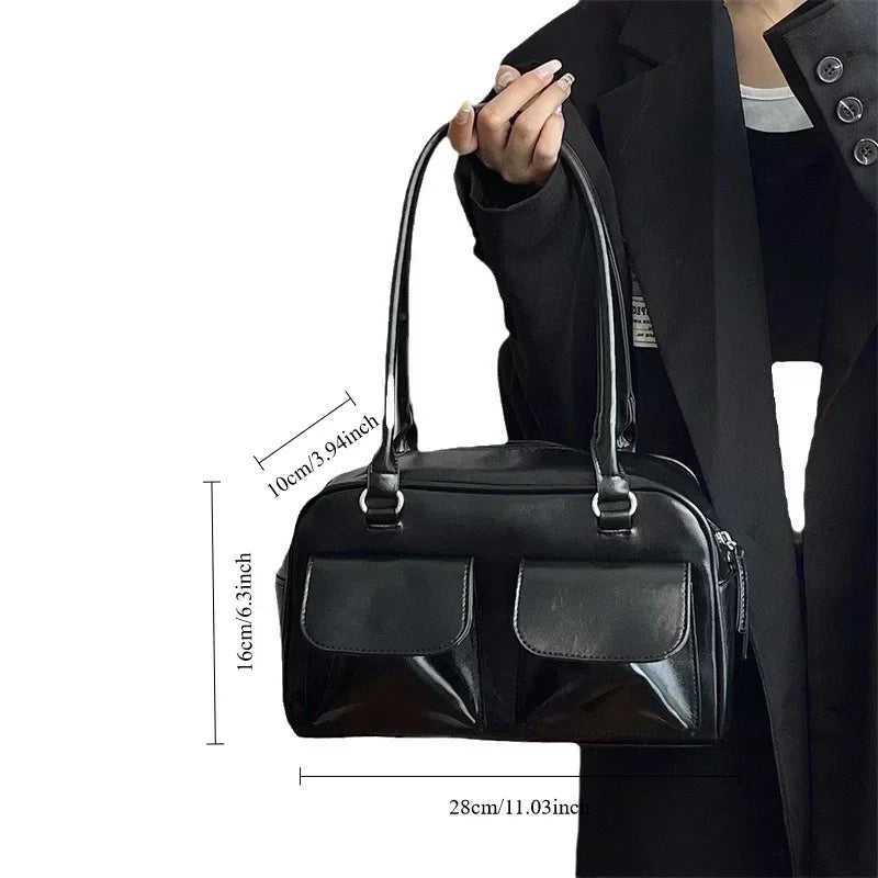 Retro Y2K Glossy Black Utility Bowling Bag – Minimalist Streetwear Shoulder Purse