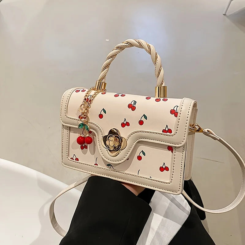 Sweet Cherry Print Mini Crossbody Bag with Twisted Handle and Charm