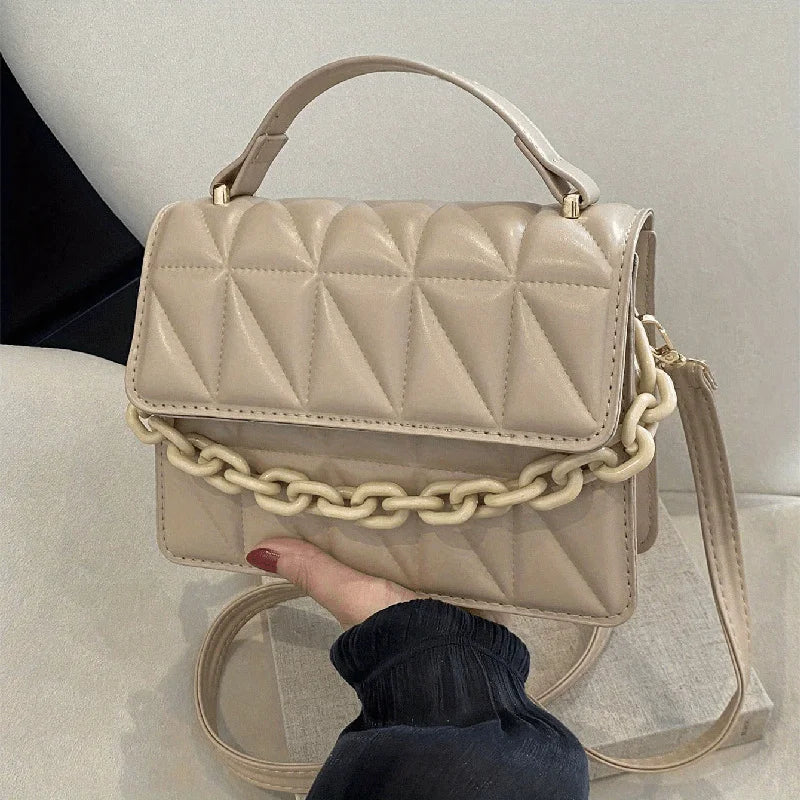 Metallic Silver Quilted Crossbody Bag with Chain Detail
