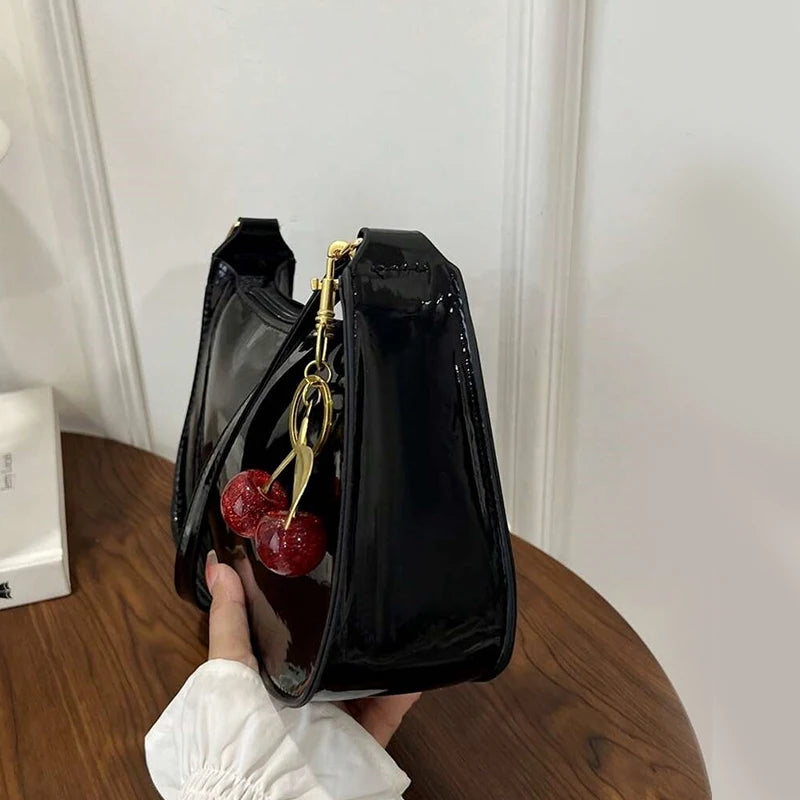 Trendy Glossy Cherry Red Patent Leather Shoulder Bag with Cute Cherry Bag Charm