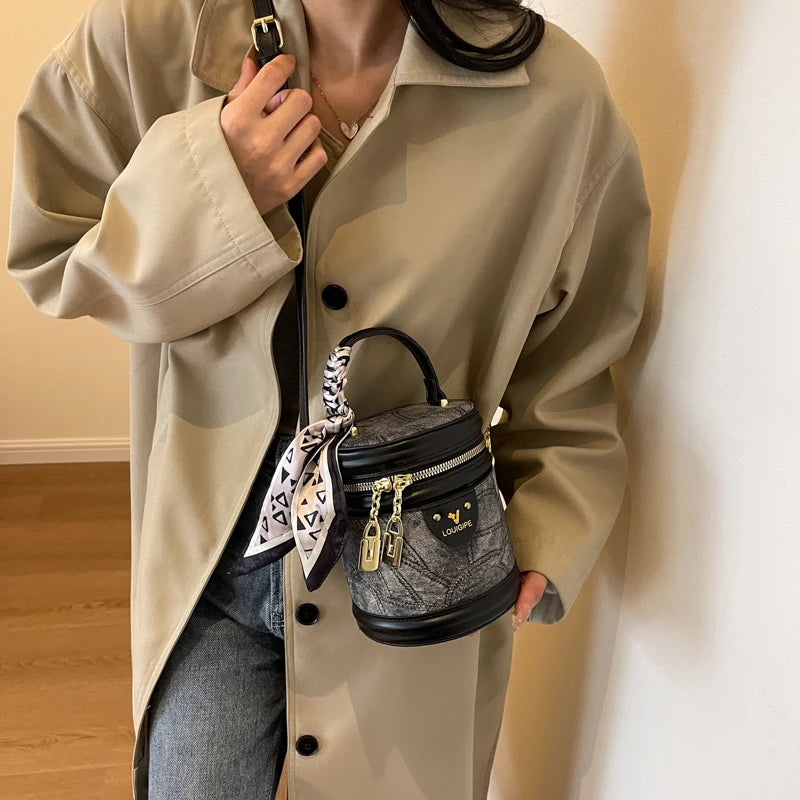 Trendy Round Bucket Crossbody Bag with Top Handle & Scarf Detail