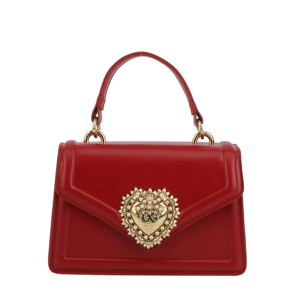 Aura Bags Elegant Brown Flap Handbag with Pearl-Accented Heart Clasp and Chain Strap
