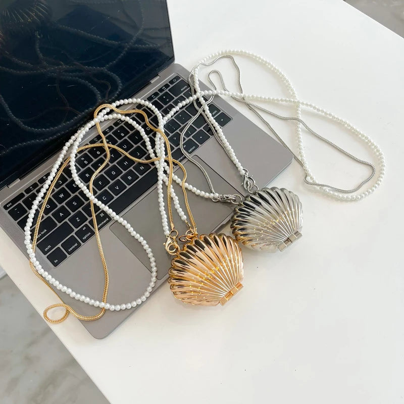 Luxury Golden & Silver Shell Minaudière Bag with Pearl Strap