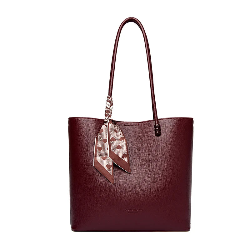 Chic Burgundy Leather Shopping Tote with Scarf Bow