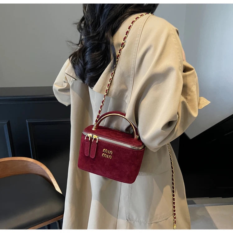 Chic Suede Vanity Box Crossbody Bag with Top Handle and Chain Strap (Multiple Colors)