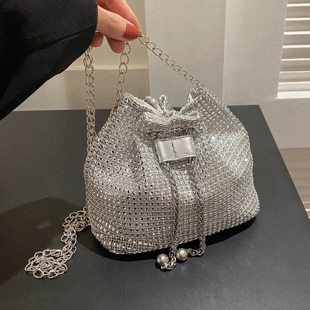 Elegant Crystal Rhinestone Crossbody Evening Bag – Metallic Drawstring Bucket Purse with Gold Chain
