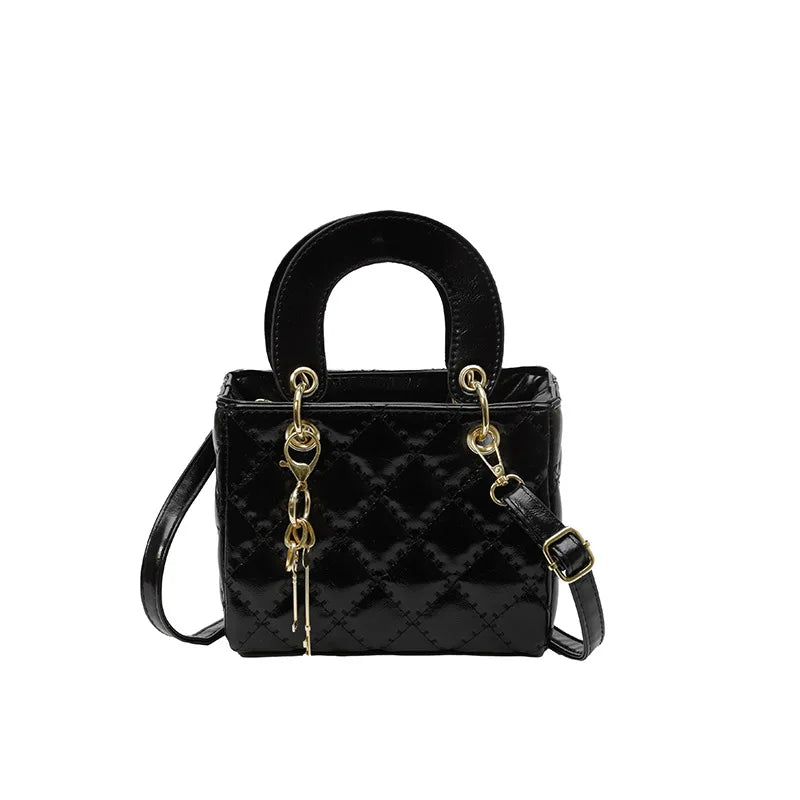 Aura Bags Glossy Red Quilted Handbag with Golden Key Charm & Detachable Strap