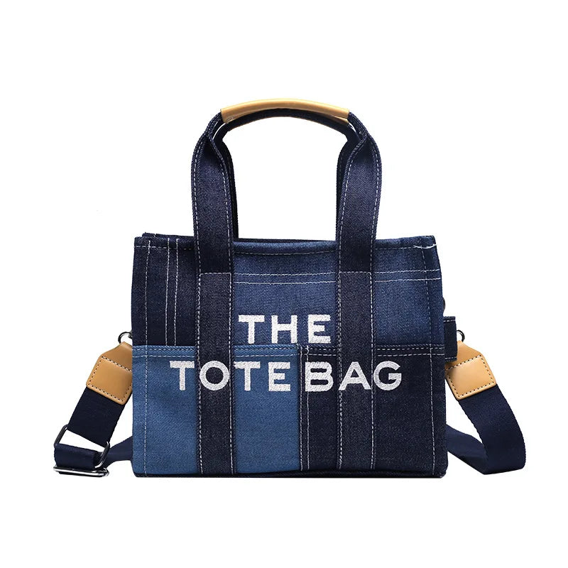 Casual Denim Patchwork "The Tote Bag" with Top Handles & Crossbody Strap