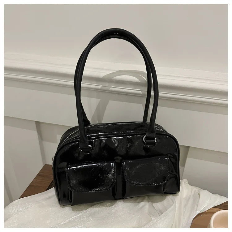 Retro Y2K Glossy Black Utility Bowling Bag – Minimalist Streetwear Shoulder Purse