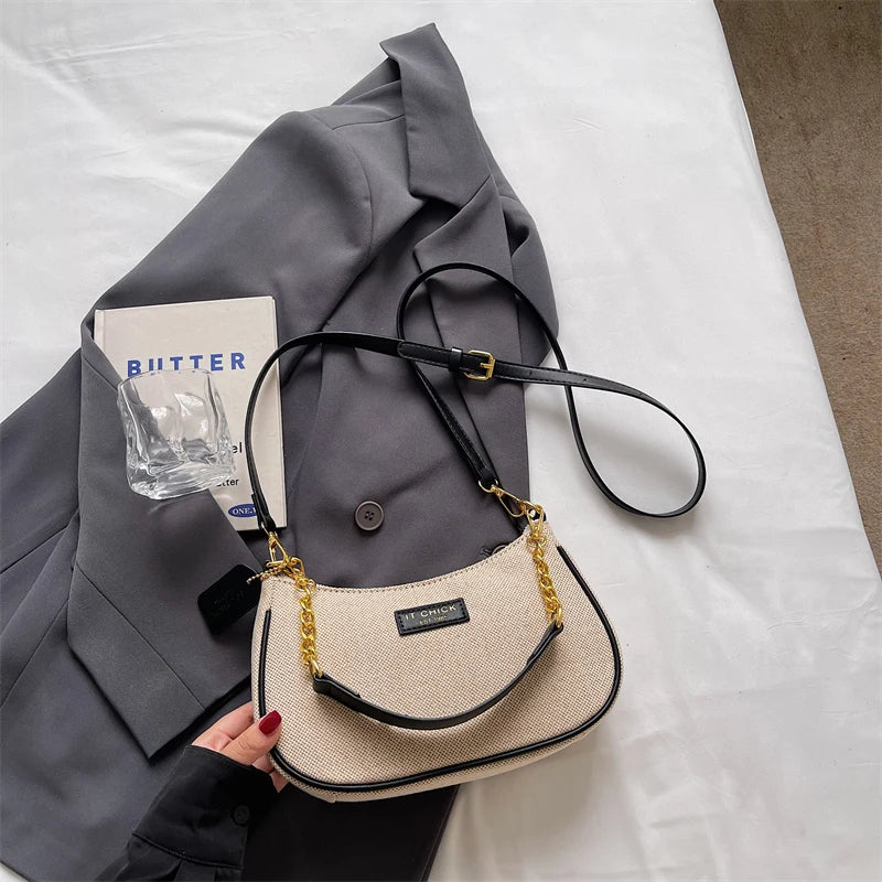 Chic Textured Canvas & Leatherette Shoulder Bag with Gold Chain Strap