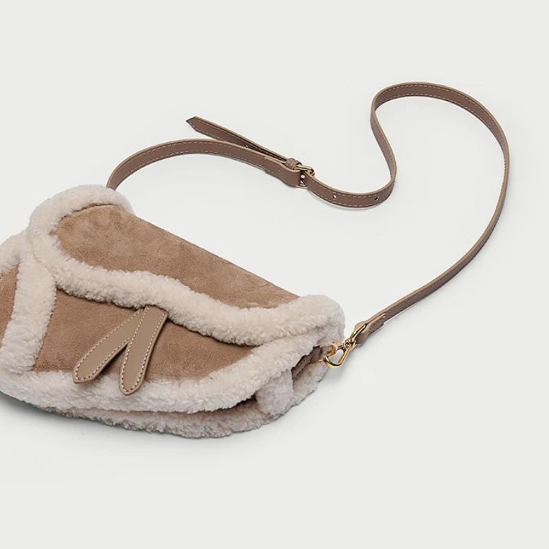 Cozy Shearling Trim Suede Saddle Bag – Winter Fluffy Wide-Strap Crossbody & Shoulder Bag for Women