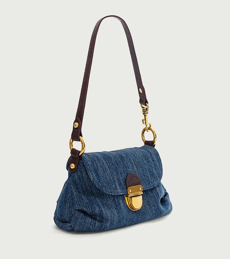 Trendy Blue Denim Flap Bag with Brass Lock Closure and Brown Strap