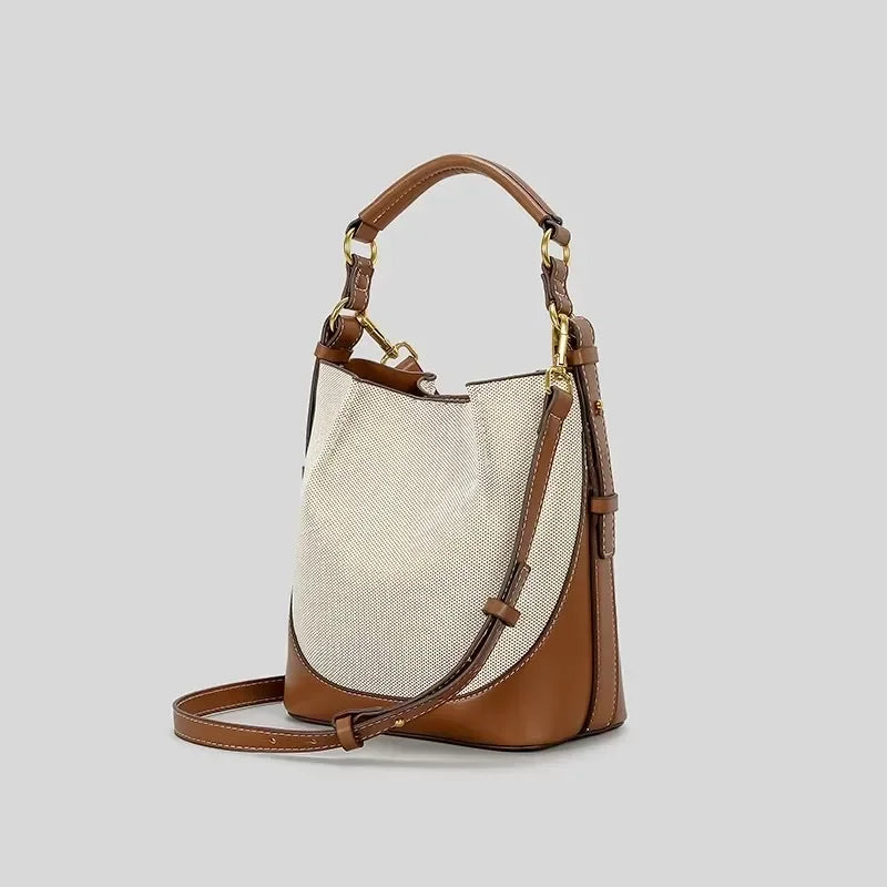 Casual Canvas & Leather Trim Bucket Crossbody Bag